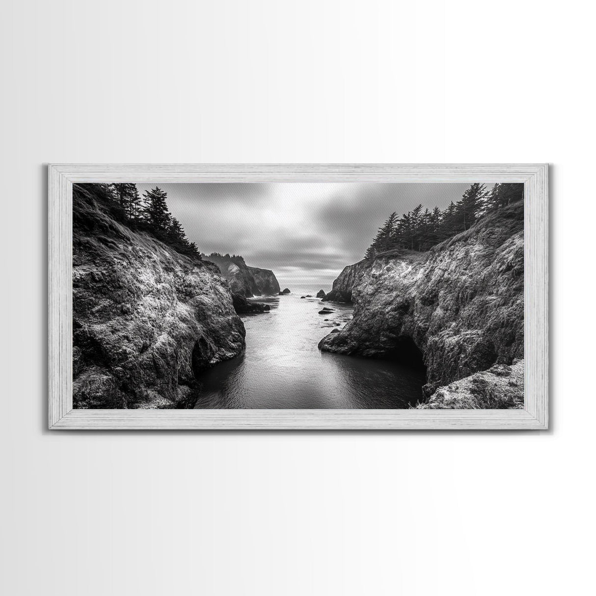 Ocean Passage, Cliff Channel, Rugged Coast, Forest Horizon, Canvas Print, dramatic nature art, large wall piece, hallway landscape art