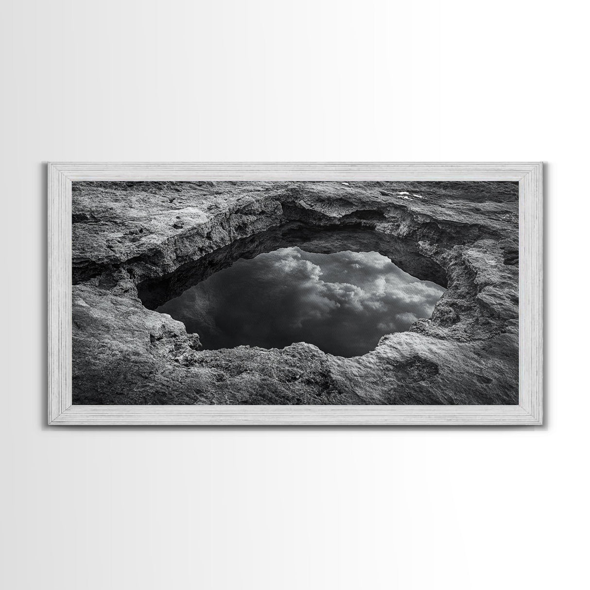 Sky Reflection, Stone Pool, Abstract Nature, Moody Minimalist Art, Framed Canvas Print, Bedroom Wall Art, Contemporary Monochrome Decor