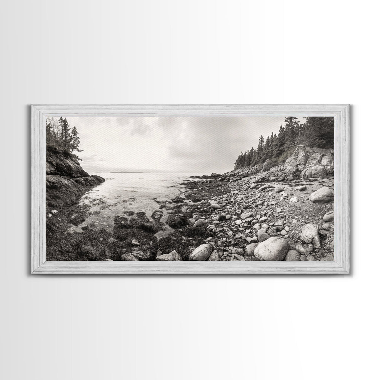 Rocky Coast, Forest Edge, Tranquil Shoreline, Earthy Landscape Scene, Canvas Print, Neutral Home Decor, Rustic Cabin Wall Art