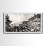 Rocky Coast, Forest Edge, Tranquil Shoreline, Earthy Landscape Scene, Canvas Print, Neutral Home Decor, Rustic Cabin Wall Art