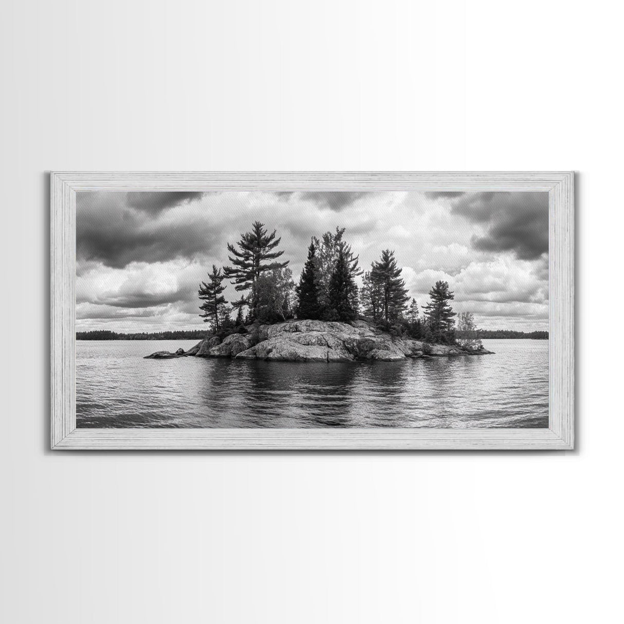 Lake Island, Pine Trees, Nature Panorama, Black and White Wilderness, Framed Canvas Print, Office Wall Art, Outdoor Inspired Decor