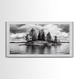 Lake Island, Pine Trees, Nature Panorama, Black and White Wilderness, Framed Canvas Print, Office Wall Art, Outdoor Inspired Decor