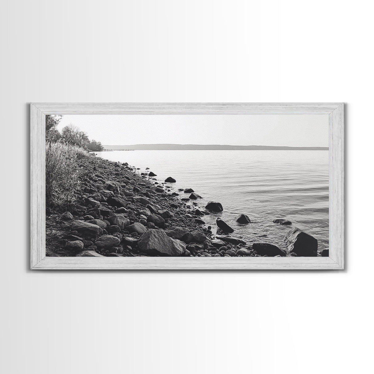 Shoreline Rocks, Quiet Water, Still Landscape, Coastal Photography, Canvas Print, Minimalist Office Art, Calm Nature Scene