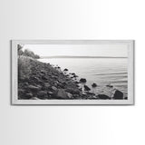 Shoreline Rocks, Quiet Water, Still Landscape, Coastal Photography, Canvas Print, Minimalist Office Art, Calm Nature Scene