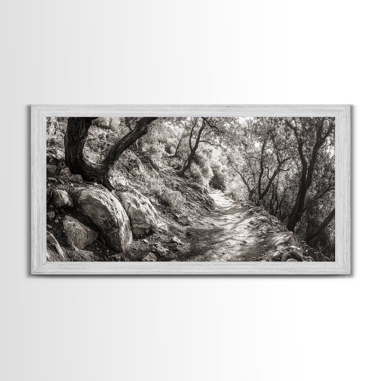 Woodland Trail, Autumn Path, Tree Tunnel, Rustic Outdoor Vibe, Framed Canvas Print, Entryway Nature Art, Moody Forest Decor