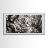 Woodland Trail, Autumn Path, Tree Tunnel, Rustic Outdoor Vibe, Framed Canvas Print, Entryway Nature Art, Moody Forest Decor