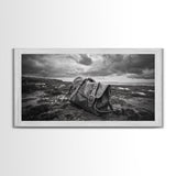 Abandoned Satchel, Coastal Mystery Art, Lost and Found Decor, Moody Beach Scene, Canvas Print, Study Wall Art, Nautical Rustic Aesthetic