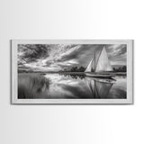 Sailboat Reflection, Tranquil River, Nautical Scene, Black White, Framed Canvas Print, Coastal Decor, Beach House Wall Art, Ocean Minimalism