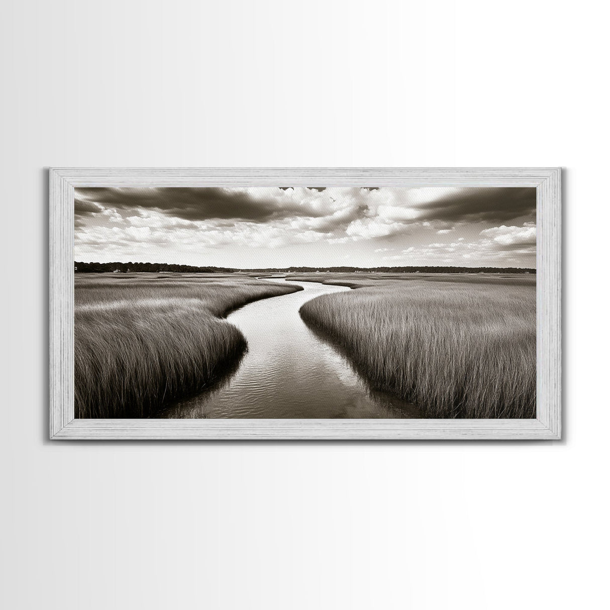 Winding River, Marsh Grass, Nature Path, Sepia Tones, Framed Canvas Print, Country Wall Art, Entryway Decor, Rustic Landscape Aesthetic