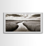 Winding River, Marsh Grass, Nature Path, Sepia Tones, Framed Canvas Print, Country Wall Art, Entryway Decor, Rustic Landscape Aesthetic