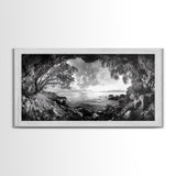 Ocean Cave View, Coastal Tree Framing, Tranquil Sea Scene, Nature Window Art, Framed Canvas Print, Bedroom Wall Art, Zen Decor