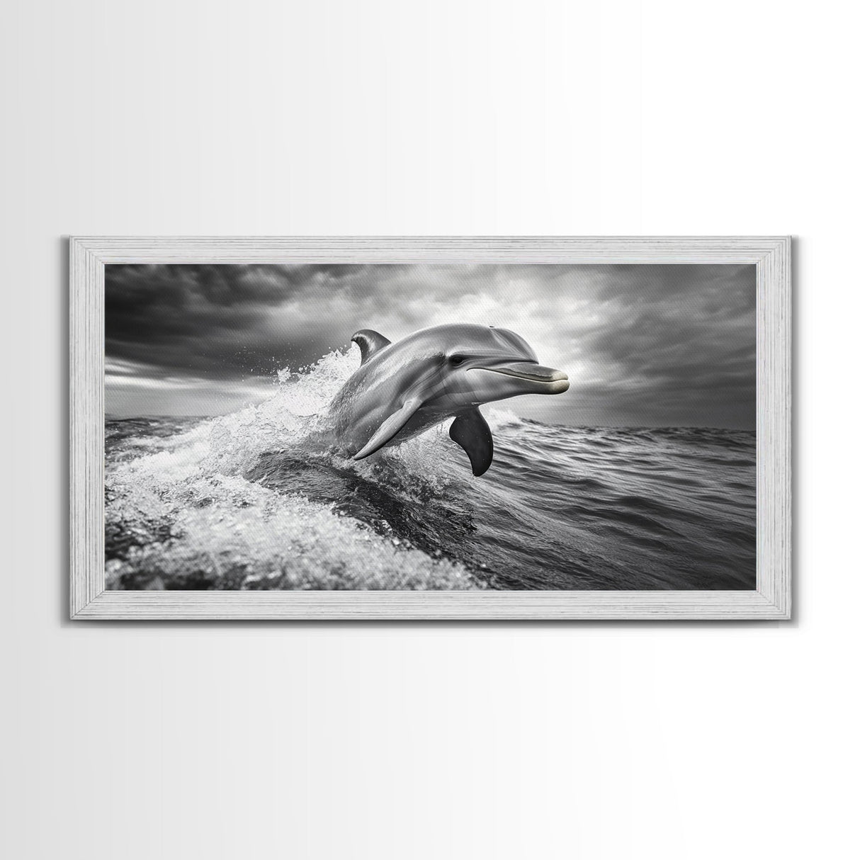 Leaping Dolphin, Ocean Life, Marine Animal, Waves Splashing, Framed Canvas Print, Coastal Kids Room Art, Beach House Decor