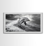 Leaping Dolphin, Ocean Life, Marine Animal, Waves Splashing, Framed Canvas Print, Coastal Kids Room Art, Beach House Decor