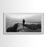 Woman Walking, Jetty View, Seaside Mood, Solitude Moment, Framed Canvas Print, Moody Wall Art, Bedroom Meditation Decor, Boho Decor