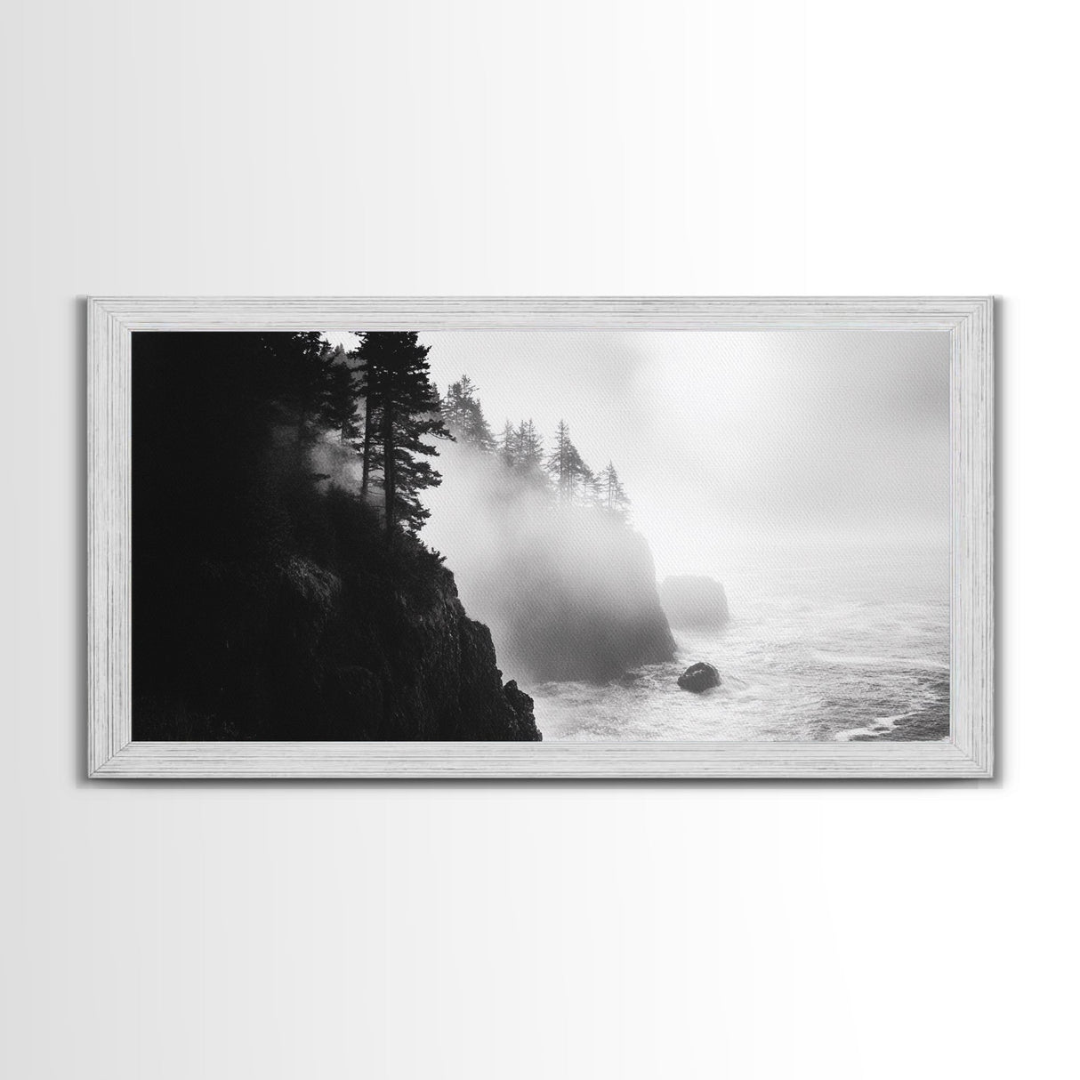 Foggy Cliff Coast, Ocean Pines Landscape, Moody Nature Art, Misty Seascape Scene, Framed Canvas Print, Living Room Wall Art, Fall Decor