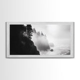 Foggy Cliff Coast, Ocean Pines Landscape, Moody Nature Art, Misty Seascape Scene, Framed Canvas Print, Living Room Wall Art, Fall Decor