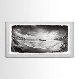 Shipwreck Beach Scene, Dramatic Coastline, Black and White Decor, Framed Canvas Print, Moody Art, Coastal Wall Art, Rustic Bedroom Print