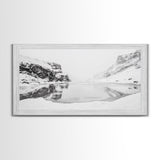 Snowy Cliff Reflection, Winter River Scene, Black and White Nature, Framed Canvas Print, Minimalist Wall Art, Neutral Winter Decor