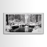 Winter Forest Creek, Snow Covered Trees, Black and White Tranquil Art, Canvas Print, Holiday Wall Art, Nature Lover Gift, Cozy Vibe