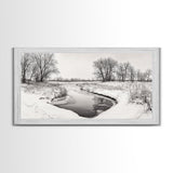 Frozen Stream Scene, Bare Trees Landscape, Black and White Nature Decor, Canvas Print, Winter Wall Art, Neutral Bedroom Accent
