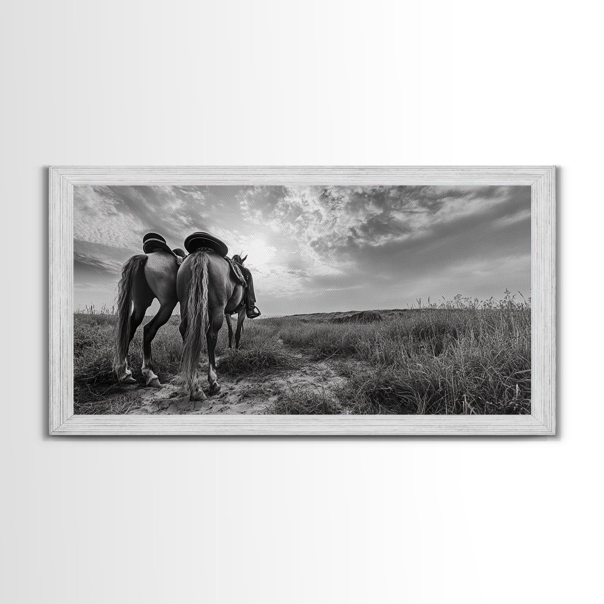 Grazing Horses, Cowboy Duo, Open Field, Equestrian Love Scene, Canvas Print, Western Wall Art, Rustic Ranch Living Room Decor