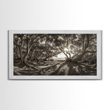 Enchanted Forest Light, Tree Shadows, Nature Landscape, Framed Canvas Print, Rustic Wall Art, Entryway Woodland Decor, Boho Forest Print
