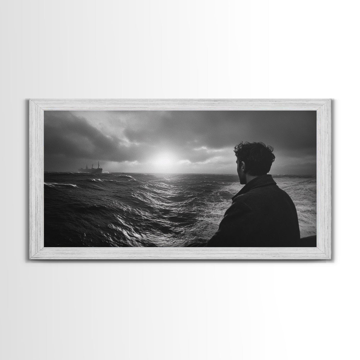 Man Watching Sea, Stormy Ocean View, Emotional Scene, Canvas Print, Moody Coastal Decor, Office Wall Art, Nautical Monochrome Style