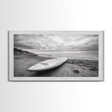 Surfboard, Coastal Shore, Serene Beach, Cloudy Sky, Framed Canvas Print, surfer room decor, rustic beach wall art, neutral home style