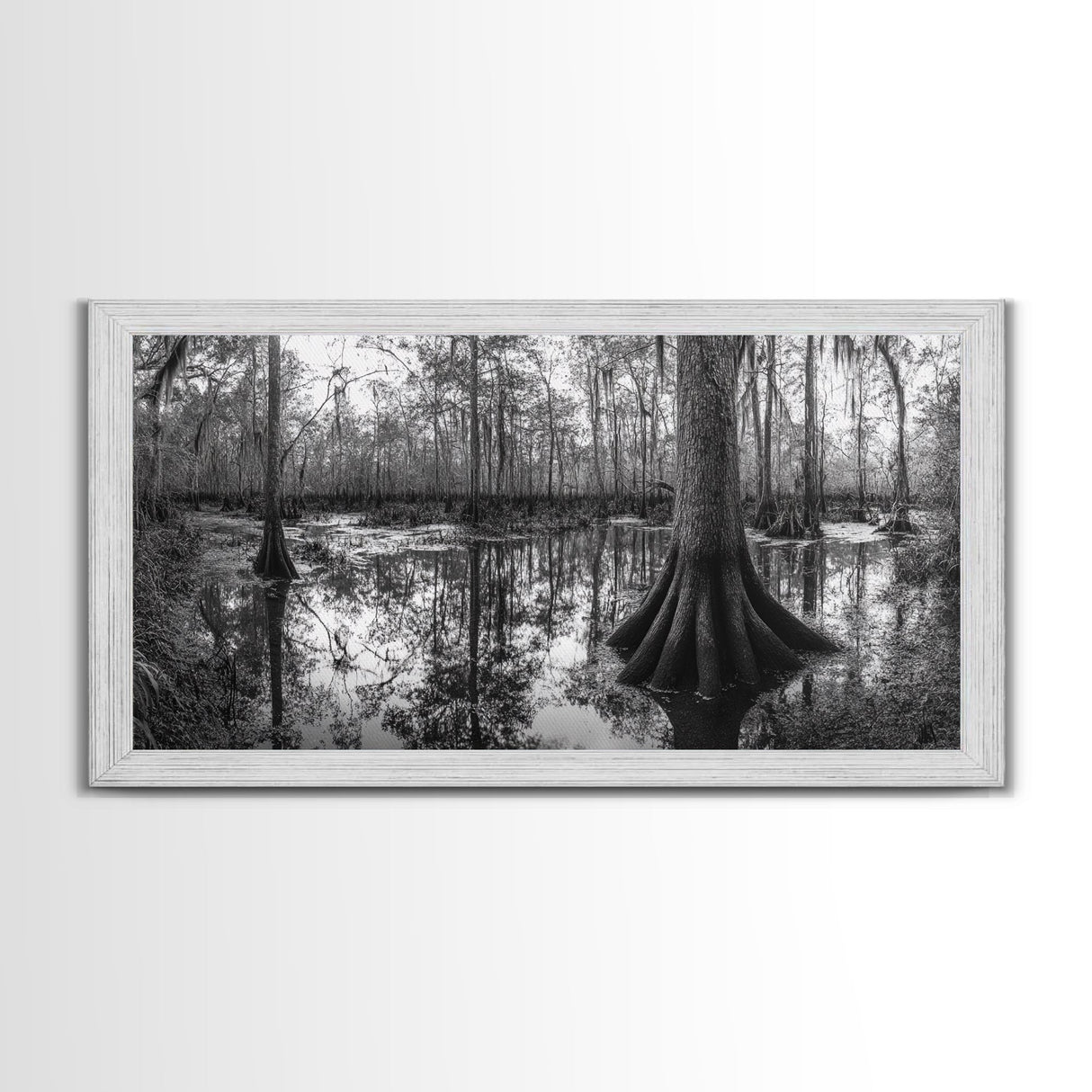 Swamp Trees, Cypress Water, Nature Reflections, Marsh Scene, Framed Canvas Print, rustic cabin decor, hallway wall art, forest wall print