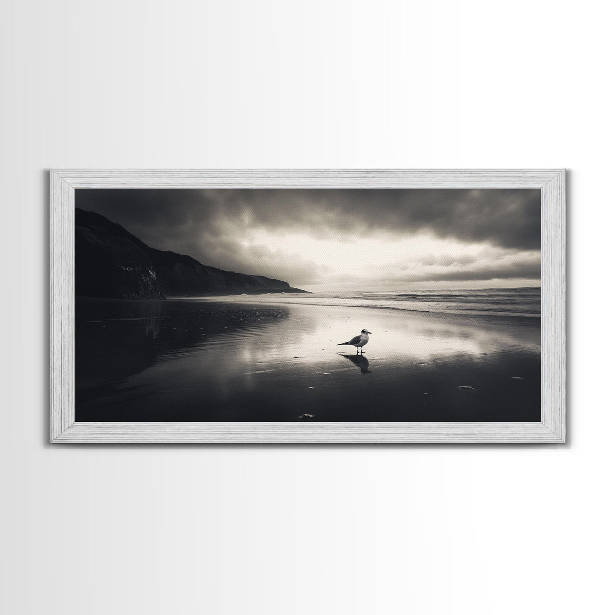 Seagull, Stormy Beach, Reflective Shore, Moody Sky, Framed Canvas Print, coastal bedroom decor, peaceful nature art, minimalist seascape