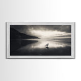 Seagull, Stormy Beach, Reflective Shore, Moody Sky, Framed Canvas Print, coastal bedroom decor, peaceful nature art, minimalist seascape