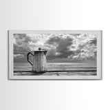Seaside Coffee Pot, Oceanfront Still Life, Rustic Morning, Framed Canvas Print, Nautical Wall Art, Beach Kitchen Decor, Moody Nature Art