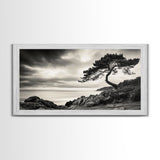 Coastal Tree, Windswept Cliff, Serene Horizon, Nature Escape, Framed Canvas Print, minimalist wall art, bedroom decor, zen nature print