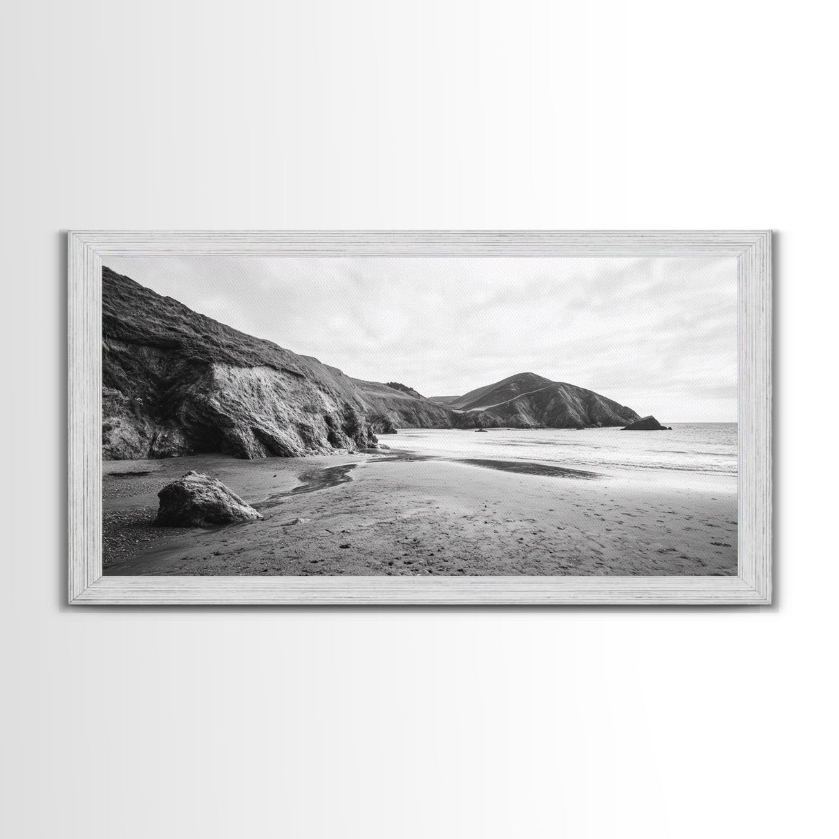 Coastal Cliffs, Ocean Shore, Scenic Beach, Framed Canvas Print, Nature Photography, Bathroom Wall Art, Neutral Tones, Coastal Home Decor