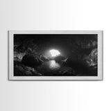 Sea Cave, Dark Ocean Cave, Natural Light Glow, Framed Canvas Print, Moody Nature Art, Living Room Wall Art, Monochrome Coastal Print