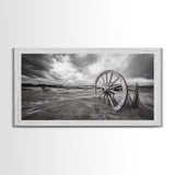 Prairie Wagon Wheel, Western Landscape, Rustic Field, Canvas Print, Country Farmhouse Wall Art, Fall Rustic Decor, Black And White Art