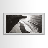 Shoreline Light, Coastal Waves, Cliff Shadow, Beach Edge, Framed Canvas Print, Ocean Minimalist Art, Bathroom Wall Decor