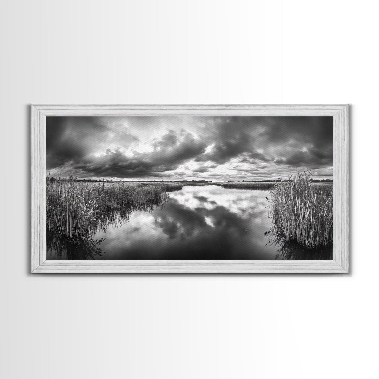 Stormy Marsh, Cloudy Sky, River Reflection, Framed Canvas Print, Nature Wall Art, Moody Landscape, Autumn Decor, Office Or Study Artwork