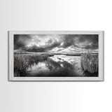 Stormy Marsh, Cloudy Sky, River Reflection, Framed Canvas Print, Nature Wall Art, Moody Landscape, Autumn Decor, Office Or Study Artwork