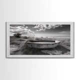 Concrete Trough, Coastal Horizon, Grassy Shoreline, Canvas Print, Rustic Farmhouse Bathroom Art, Minimalist Nature, Fall Beach Wall Decor