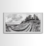 Striped Cliffs, Coastal Layers, Forest Edge, Earth Patterns, Framed Canvas Print, Nature Abstract Art, Bedroom Wall Decor