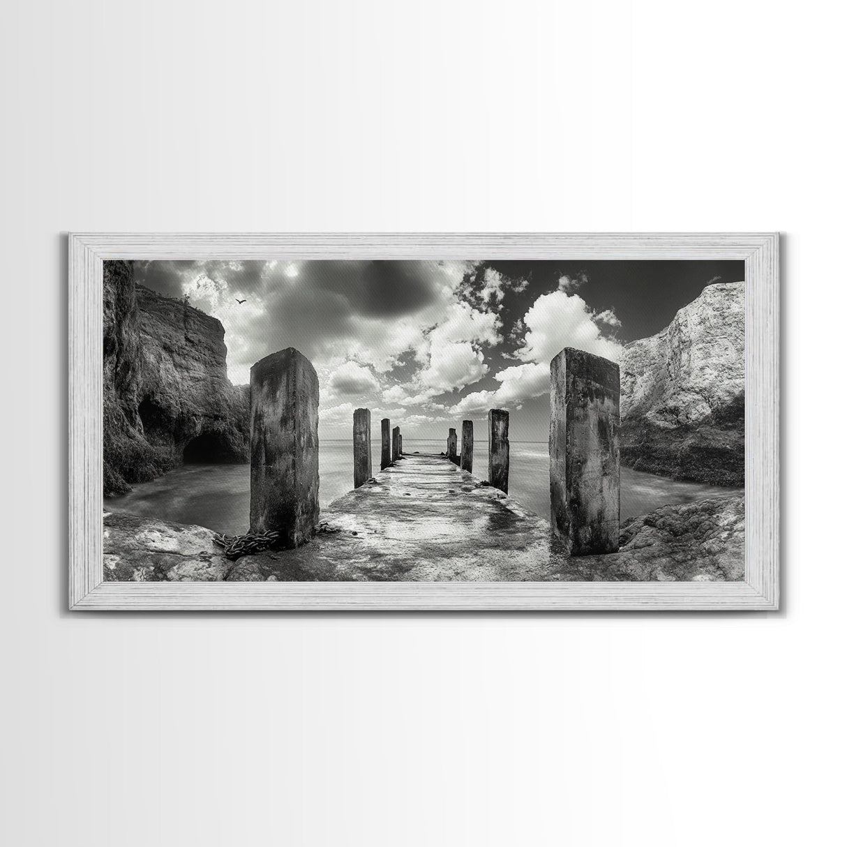 Ocean Pier, Seaside Dock, Crashing Waves, Canvas Print, Dramatic Coastal Wall Art, Black And White Decor, Bathroom Or Hallway Photography