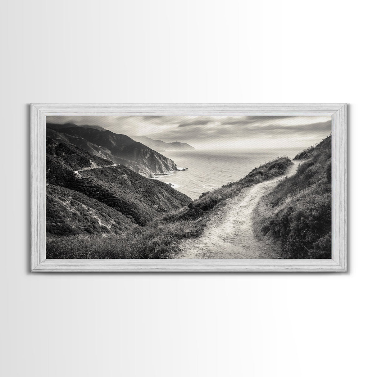 Cliffside Trail Path, Coastal Hiking Print, Rugged Ocean View, Nature Adventure Wall Art, Rustic Modern Decor, Framed Canvas Print
