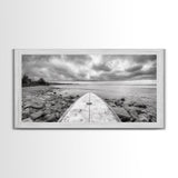 Surfboard, Rocky Shore, Cloudy Sea, Coastal Adventure, Beach Aesthetic, Canvas Print, Minimalist Ocean Art, Nautical Wall Decor, Bathroom Wall Art