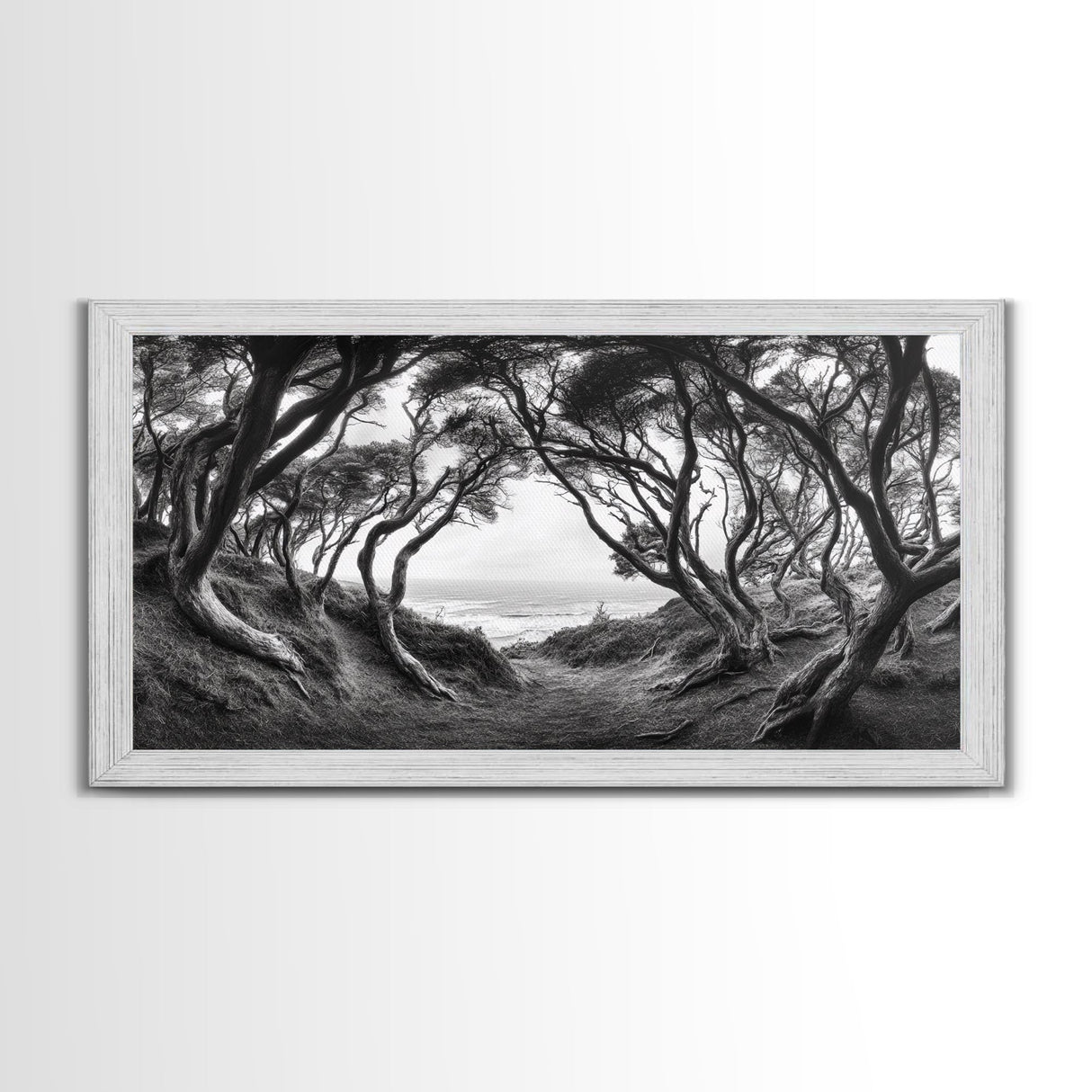 Coastal Trees, Windswept Forest, Ocean View, Framed Canvas Print, Boho Wall Art, Living Room Art, Nature Wall Decor, Monochrome Landscape