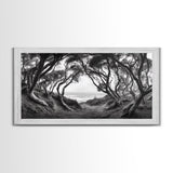Coastal Trees, Windswept Forest, Ocean View, Framed Canvas Print, Boho Wall Art, Living Room Art, Nature Wall Decor, Monochrome Landscape
