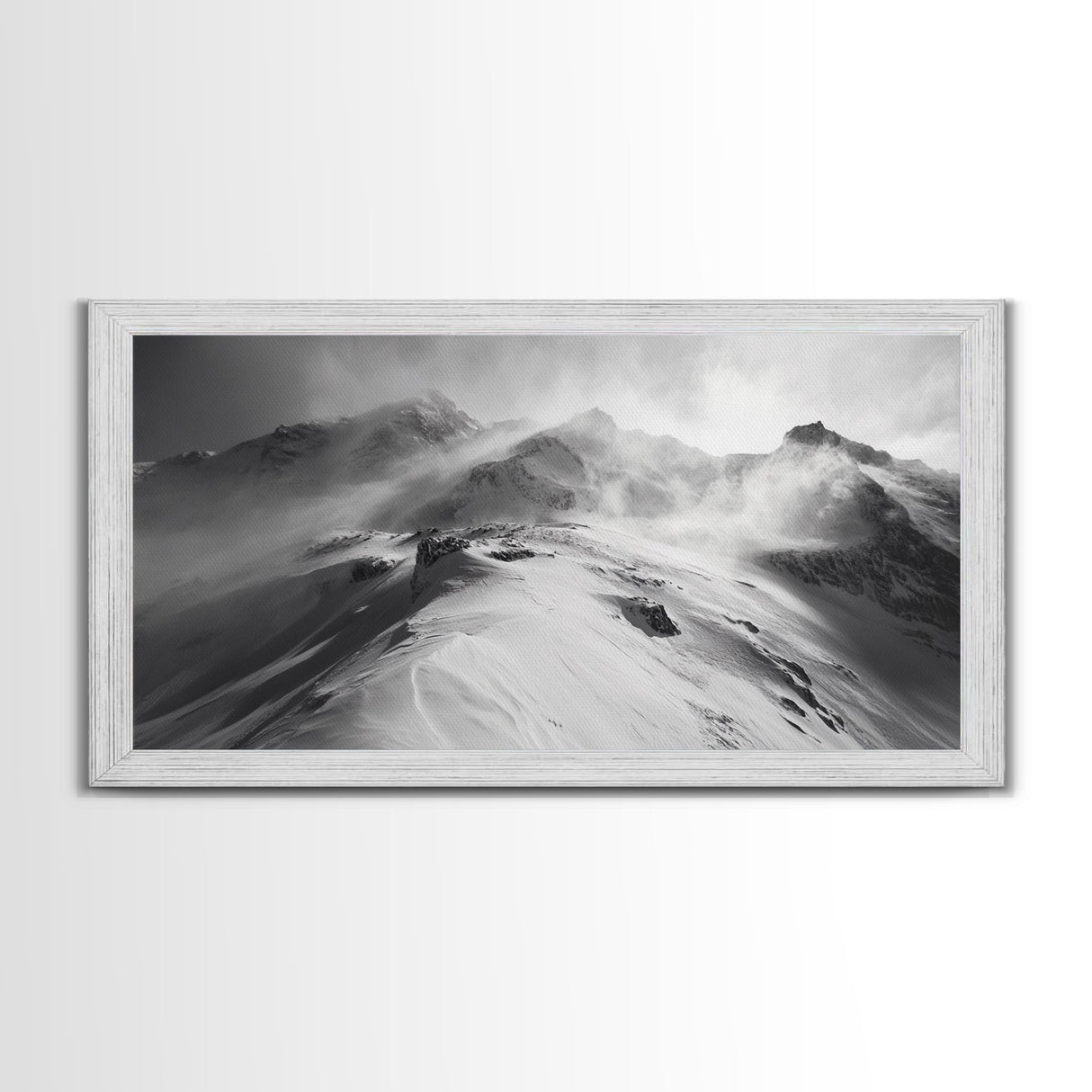 Snowy Peak, Windy Mountain, Winter Landscape, Framed Canvas Print, Black and White Art, Cabin Wall Decor, Moody Alpine Art, Rustic Wall Art