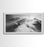 Snowy Peak, Windy Mountain, Winter Landscape, Framed Canvas Print, Black and White Art, Cabin Wall Decor, Moody Alpine Art, Rustic Wall Art