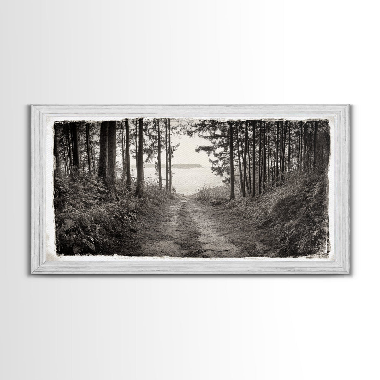 Forest Path, Island View, Vintage Border, Nature Trail, Canvas Print, Sepia Landscape Art, Entryway Wall Art, Woodland Photography Style