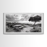 Picnic Table, Ocean Tree, Coastal Path, Windswept Scene, Framed Canvas Print, Rustic Wall Art, Fall Decor, Peaceful Beach Setting